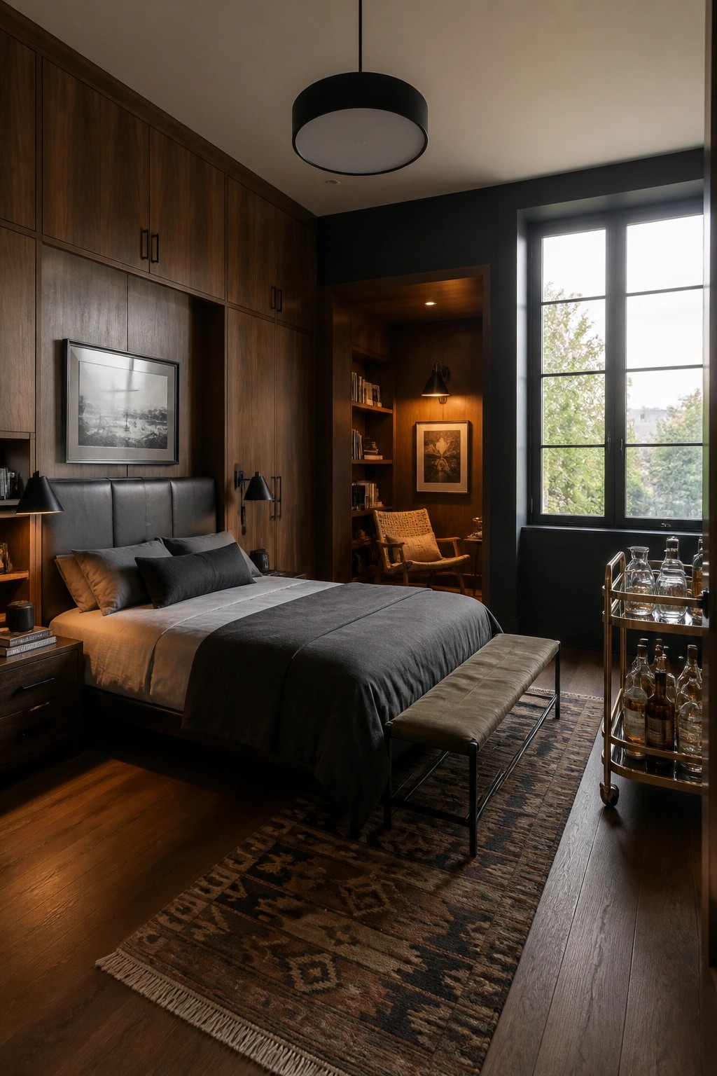 A bedroom with dark wood built-in cabinetry surrounding a bed with gray bedding and a dark headboard.