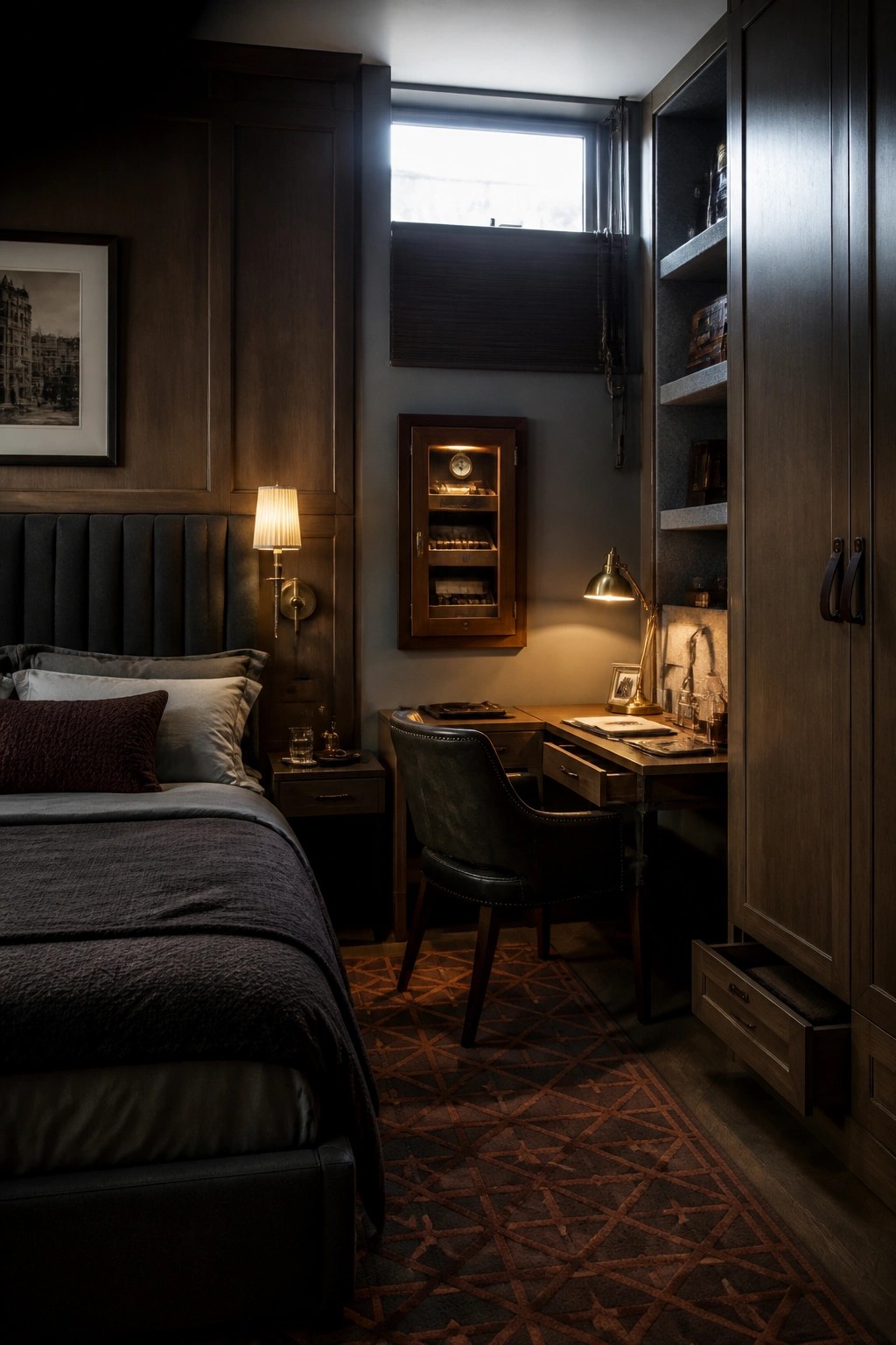 A dimly lit bedroom with dark wood paneling, a large bed on the left, and a built-in wooden desk with chair and wall cabinet on the right.