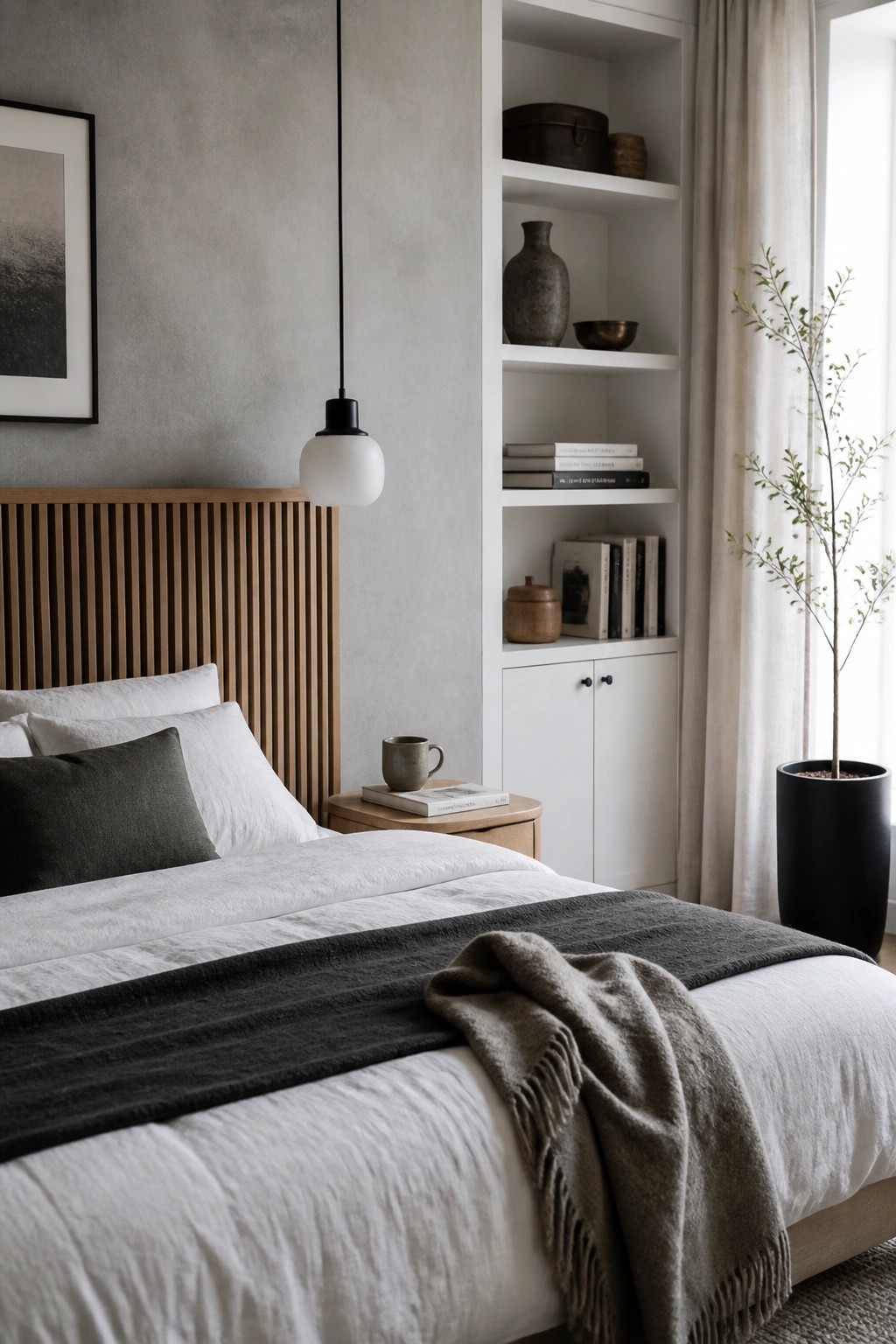 Minimalist bedroom with white bedding, wooden headboard, built-in shelves, and pendant light.