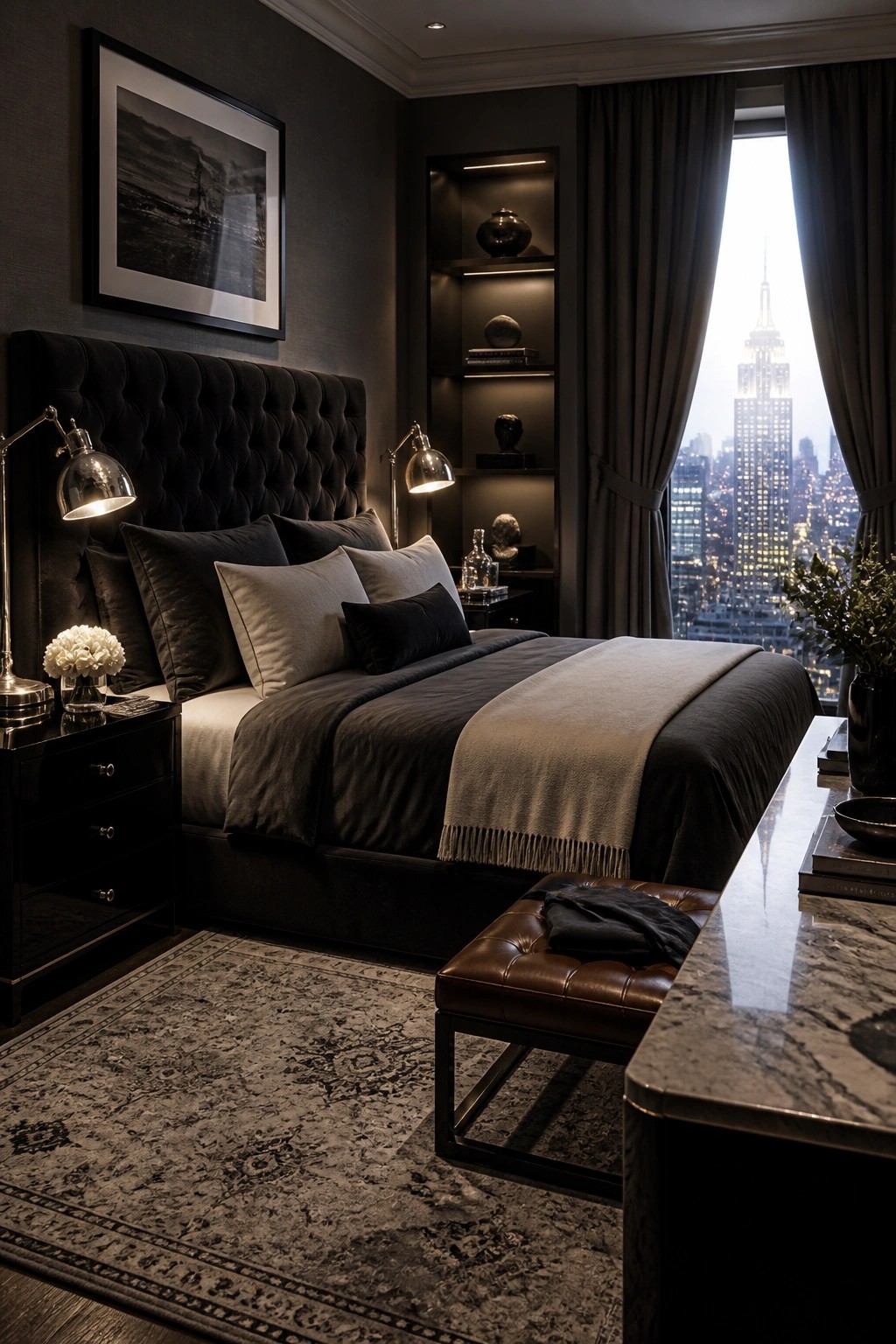 A dark bedroom with a large tufted bed, layered dark bedding, built-in illuminated shelves beside the bed, and a large window showing a city skyline at night.