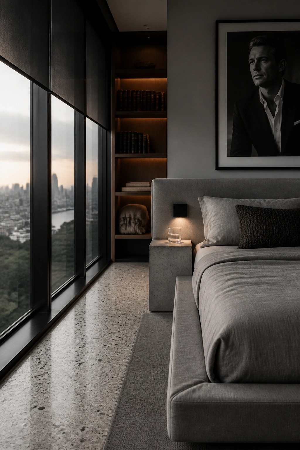 A modern bedroom with a gray upholstered bed beside a built-in illuminated bookshelf unit and a large window overlooking a city skyline.