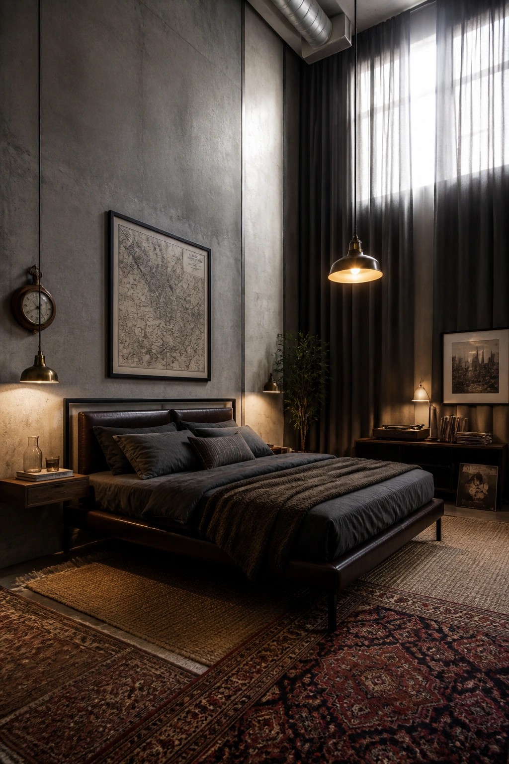 A bedroom with a dark leather bed, concrete walls, a large framed map, hanging pendant lights, and layered rugs on the floor.