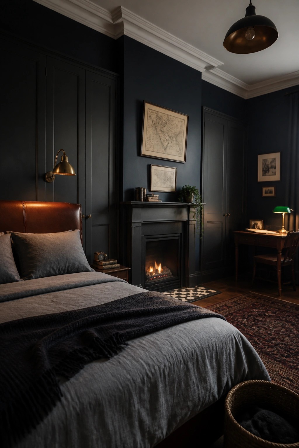 A bedroom with dark navy walls, dark wood paneling, a brown leather headboard, a lit fireplace, and a wooden desk with a green lamp.