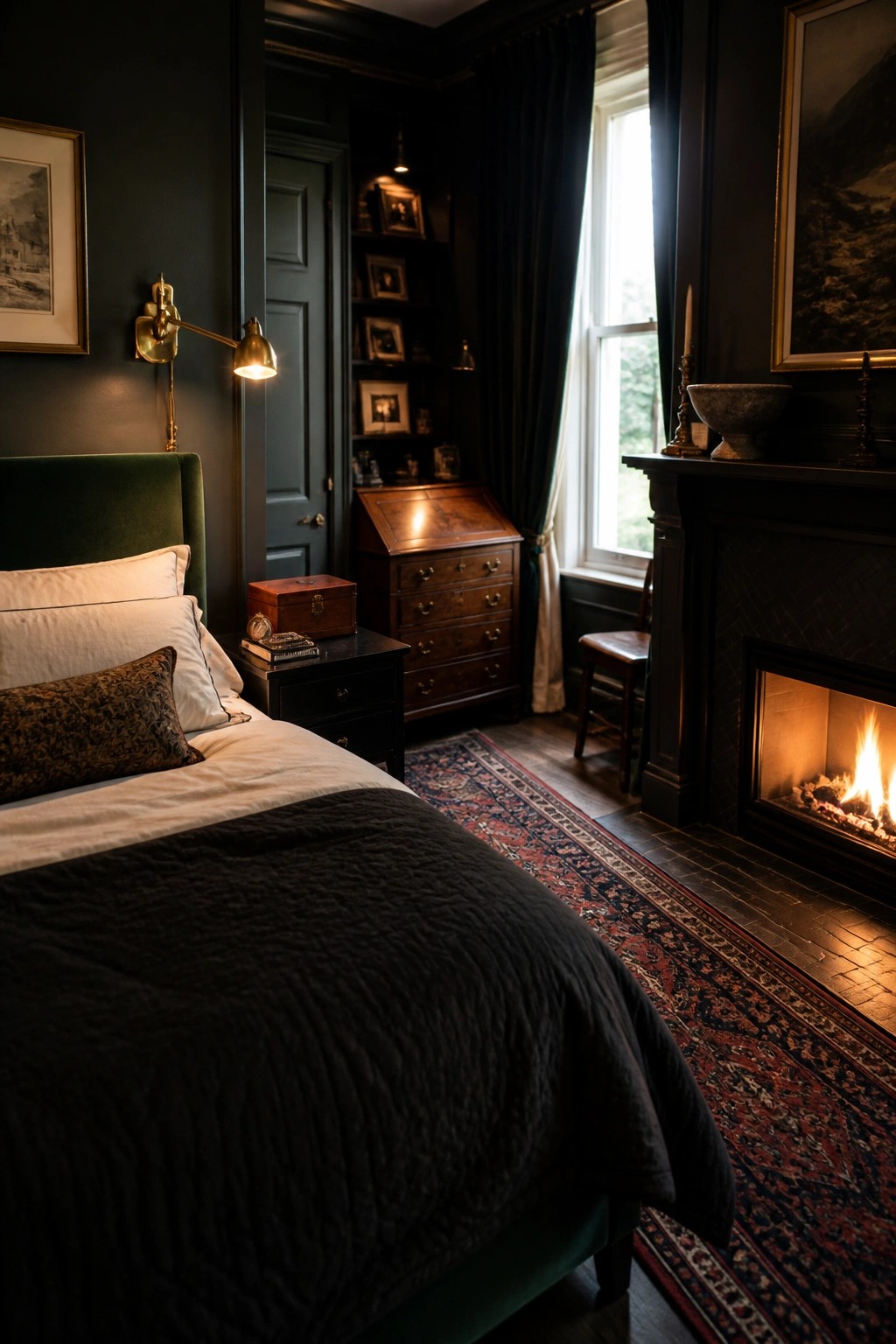 A bedroom with dark walls, a green velvet bed, a lit fireplace, and a wooden dresser under built-in shelves.