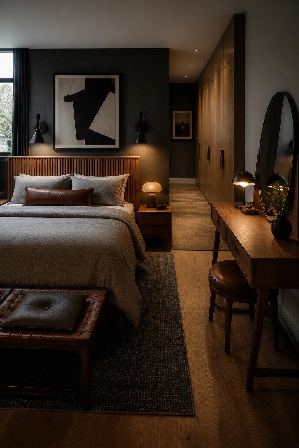 Modern bedroom with wooden bed, dark walls, abstract art, and vanity desk