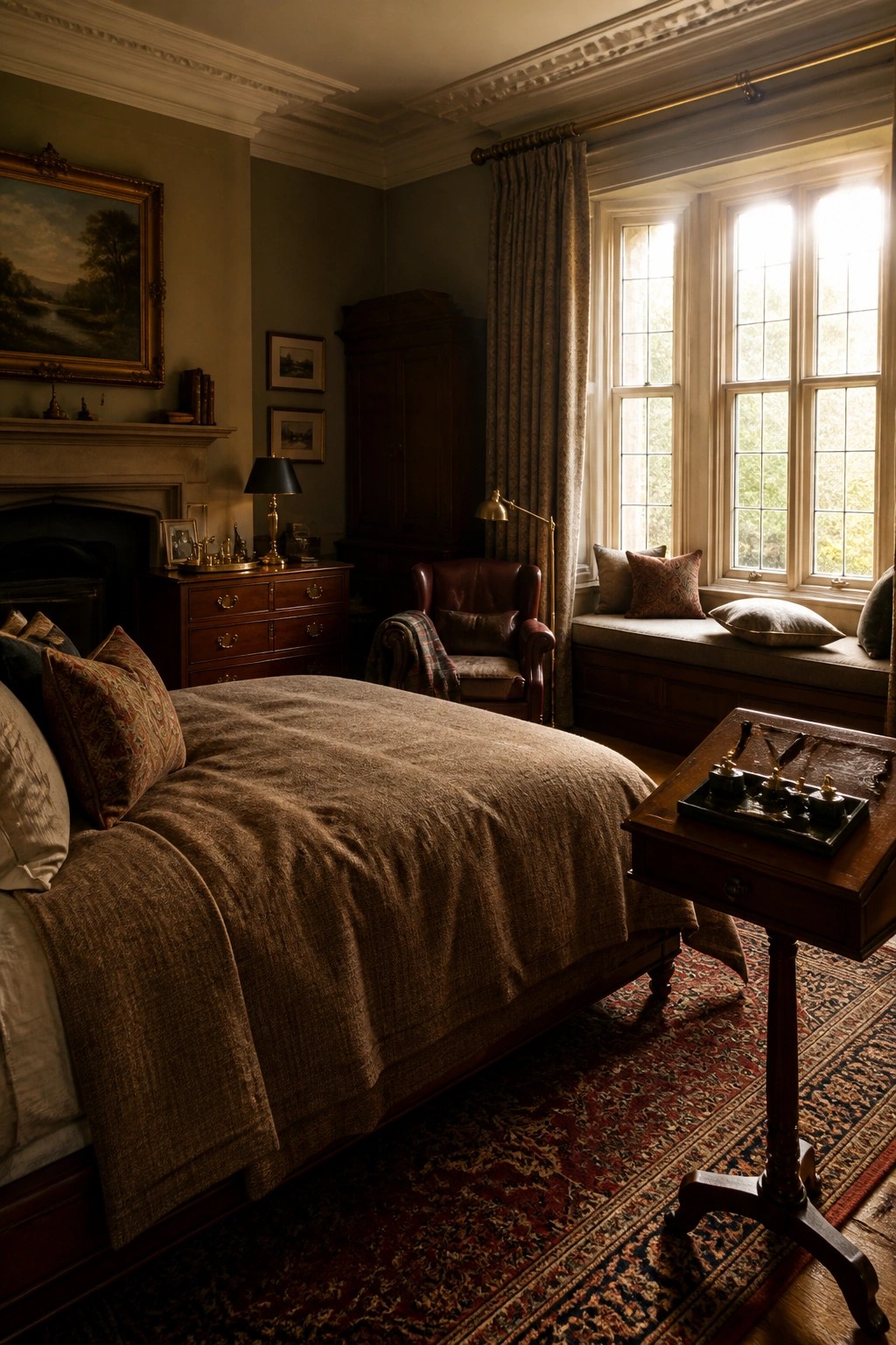 A bedroom interior featuring a large bed with brown bedding, a brown leather armchair, dark wood furniture including a dresser and side table, a fireplace, and a window seat beneath tall multi-paned windows.