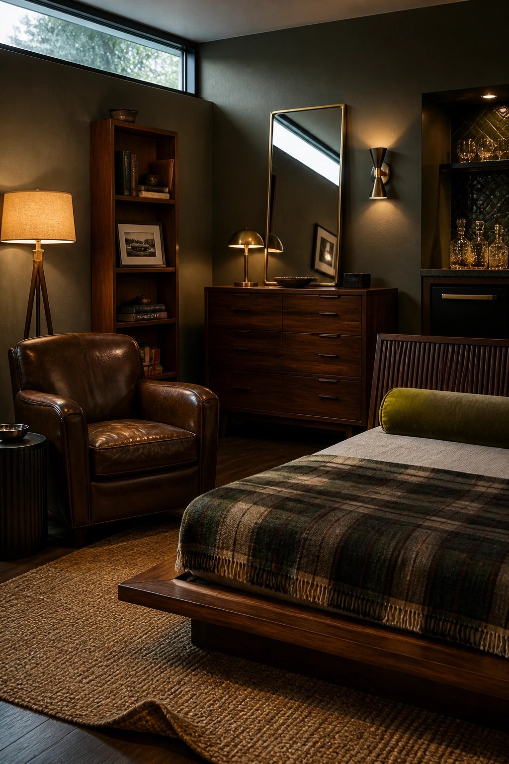 A bedroom interior featuring a brown leather armchair, dark wood dresser and bookshelf, a bed with a plaid blanket, and a large gold-framed mirror on a dark green wall.