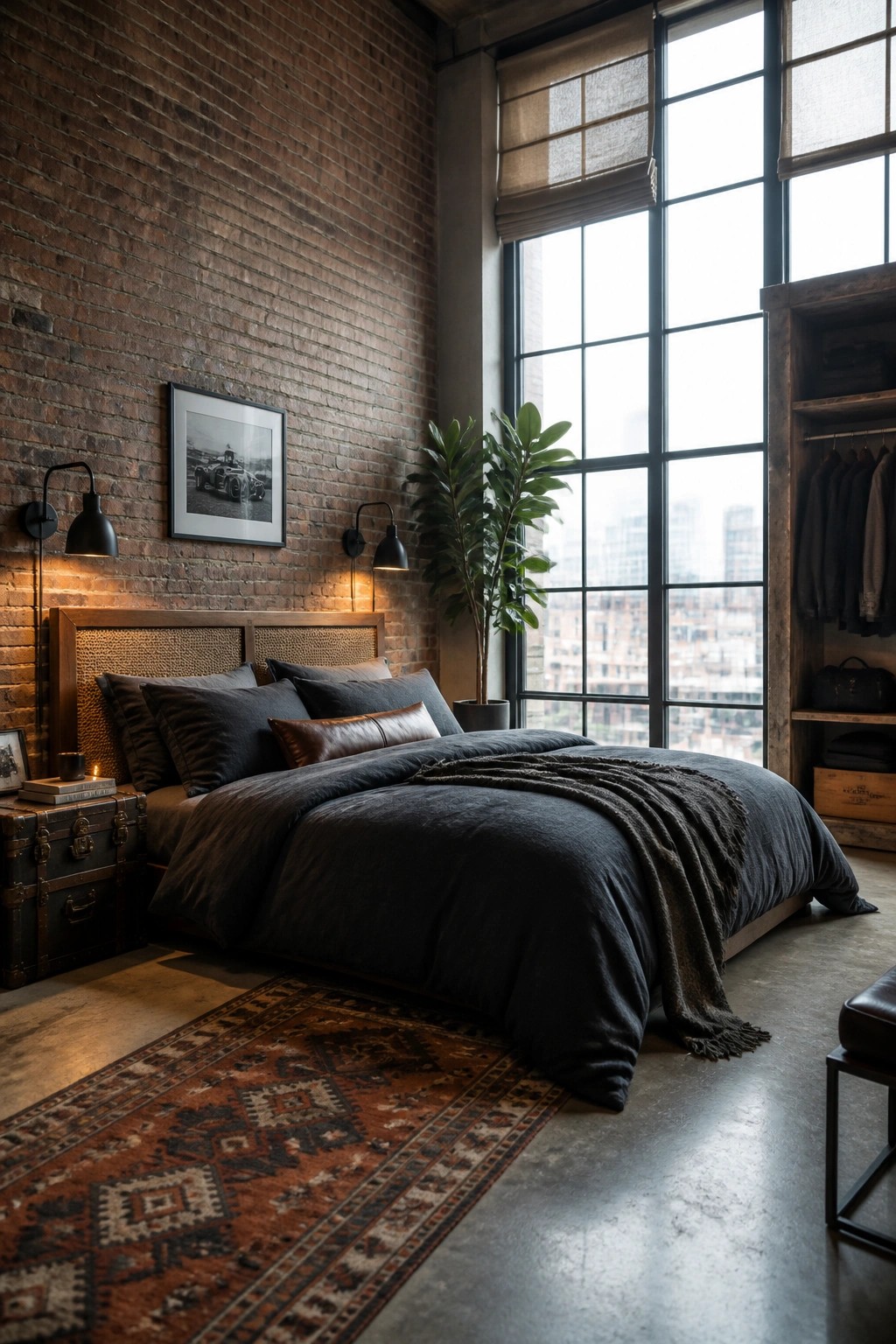 A bedroom with a large bed in dark gray bedding against an exposed brick wall, flanked by black wall sconces and set before tall industrial windows.