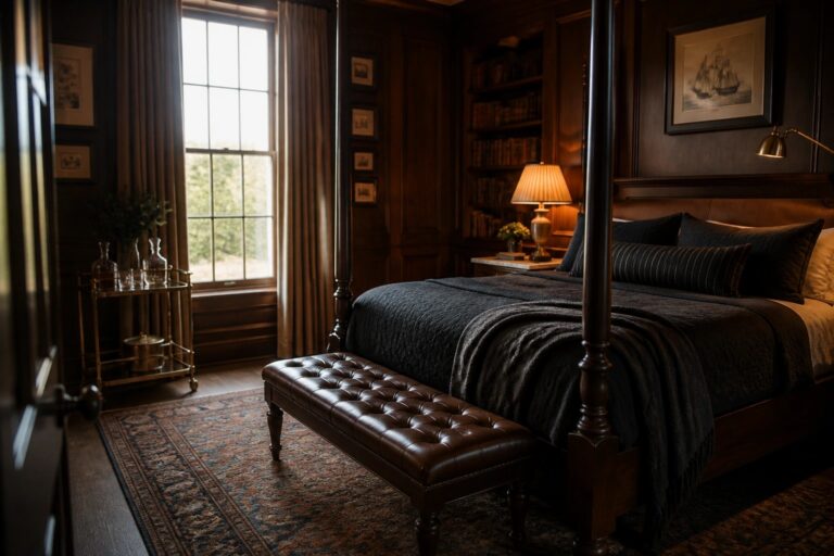 21 Elegant Gentleman Bedroom Ideas for a Refined and Polished Retreat A bedroom with dark wood paneling, a four-poster bed with dark bedding, built-in bookshelves filled with books, and a window with curtains.