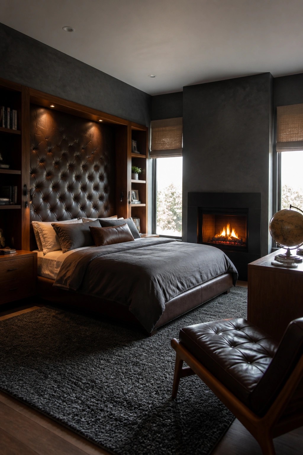 A dark bedroom featuring a large tufted leather headboard set into a wooden built-in unit with shelves on both sides, a fireplace on the right wall, and leather seating in the foreground.