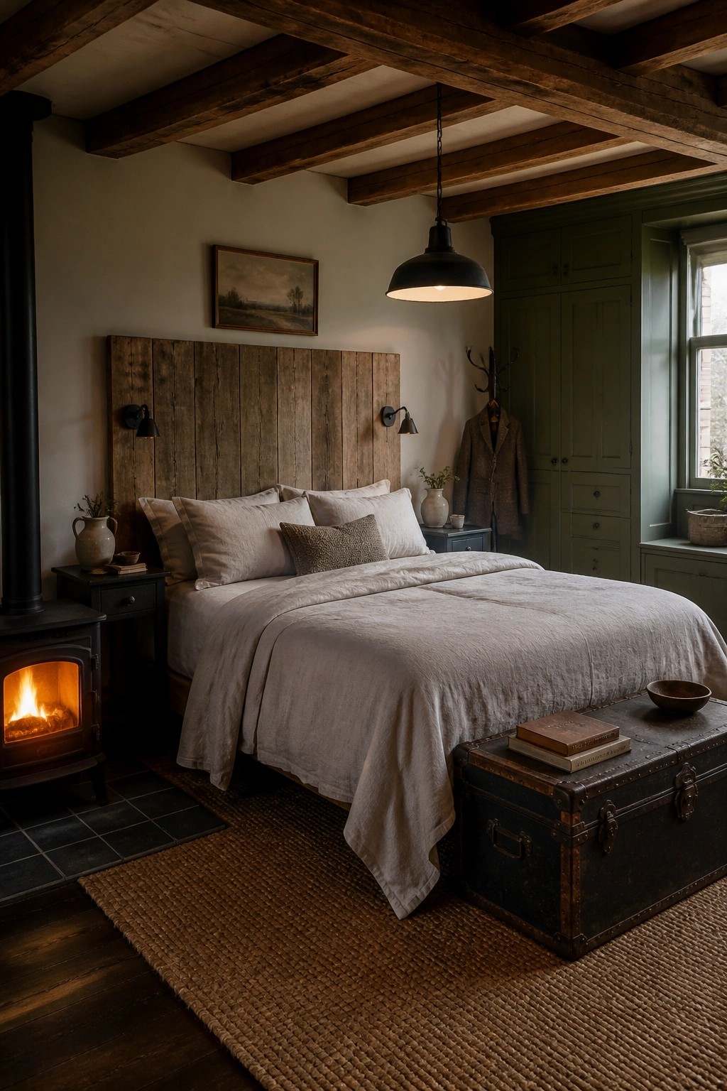 A bedroom featuring a bed with a tall vertical wood plank headboard, light gray linen bedding, a black wood stove on the left, and a large trunk at the foot of the bed.