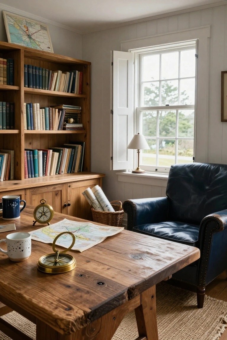A rustic wooden desk with maps and brass compasses sits in a study room with a blue leather armchair, built-in bookshelves, and a window with white trim.