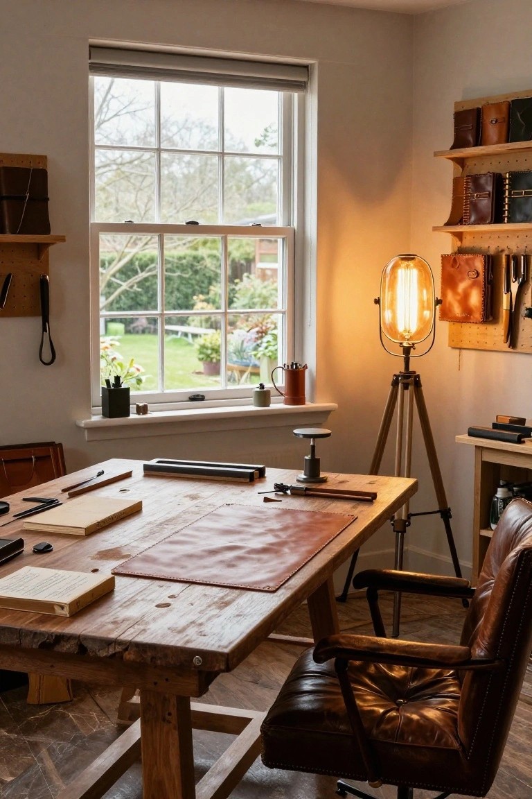 A wooden desk with leather tools and a brown leather chair sits in front of a large window in a study.