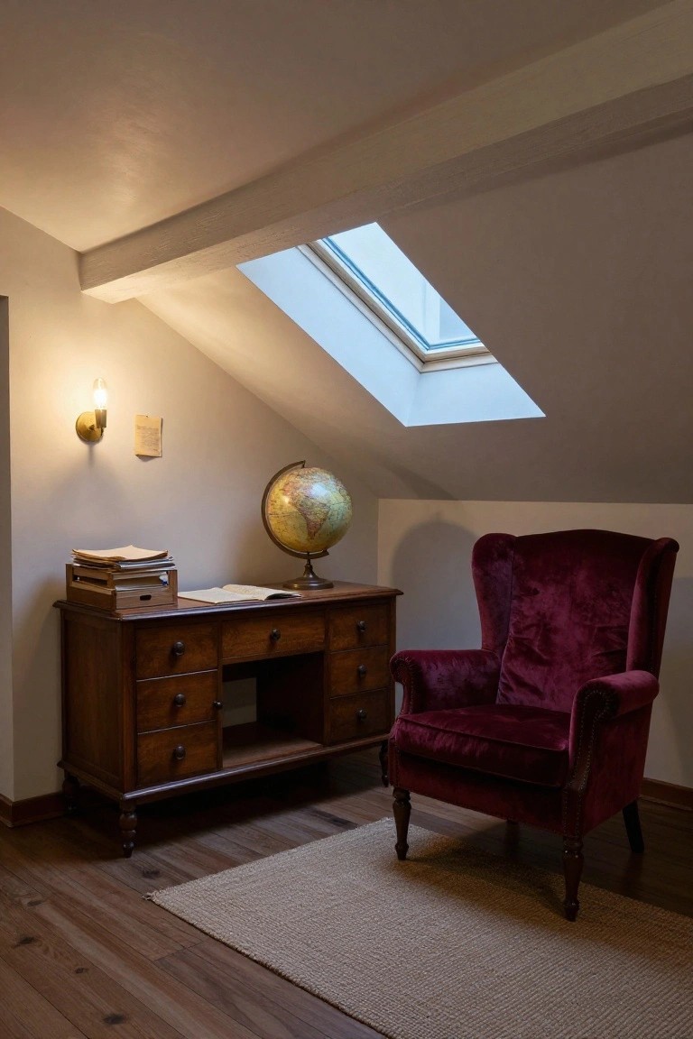 A wooden desk with a globe and papers sits beneath a skylight in an attic room beside a red velvet wingback chair on a woven rug.