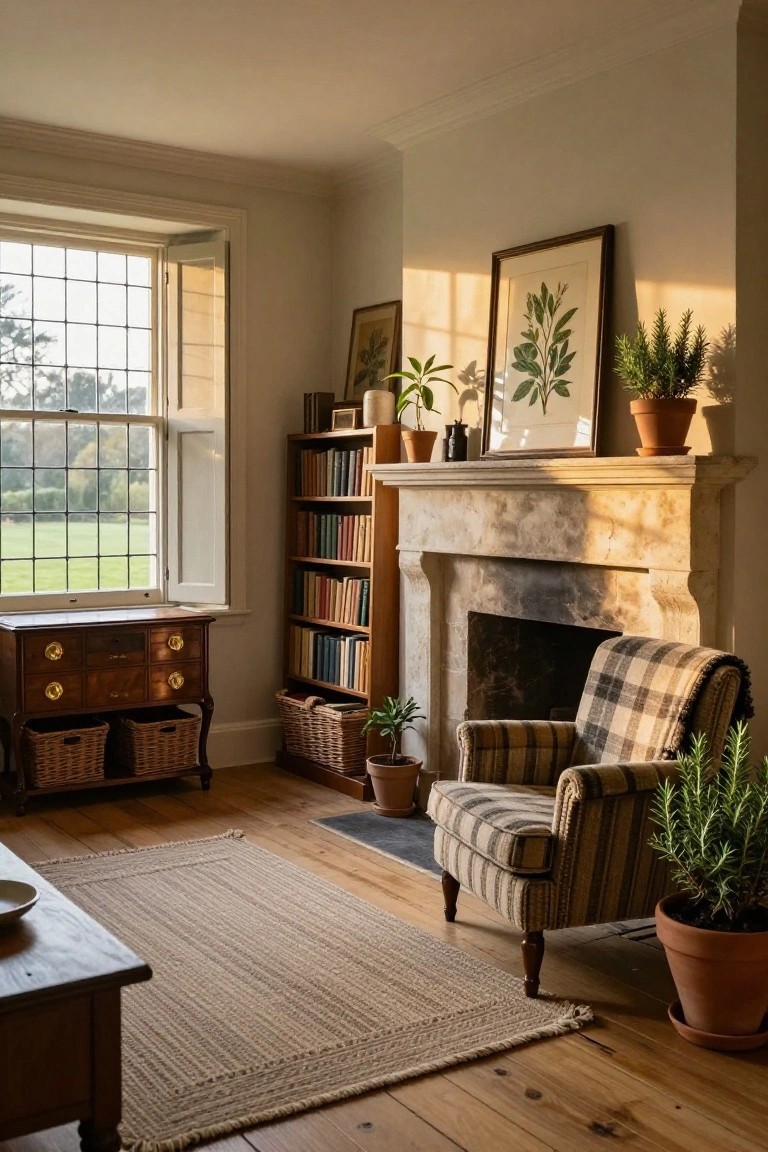 Cozy living room with stone fireplace, plaid armchair, bookshelves, plants, and sunlight.