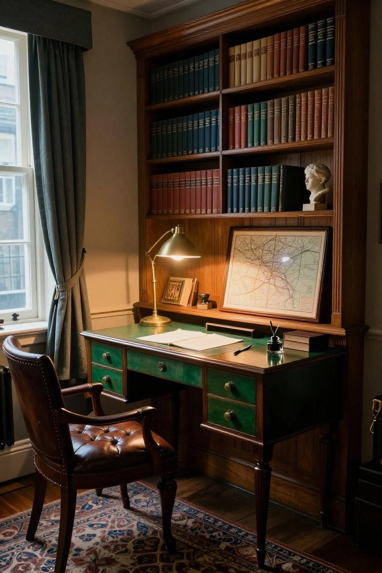A classic study interior showing a green leather-top desk with a brown leather chair, a brass desk lamp, and floor-to-ceiling wooden built-in bookshelves filled with books.