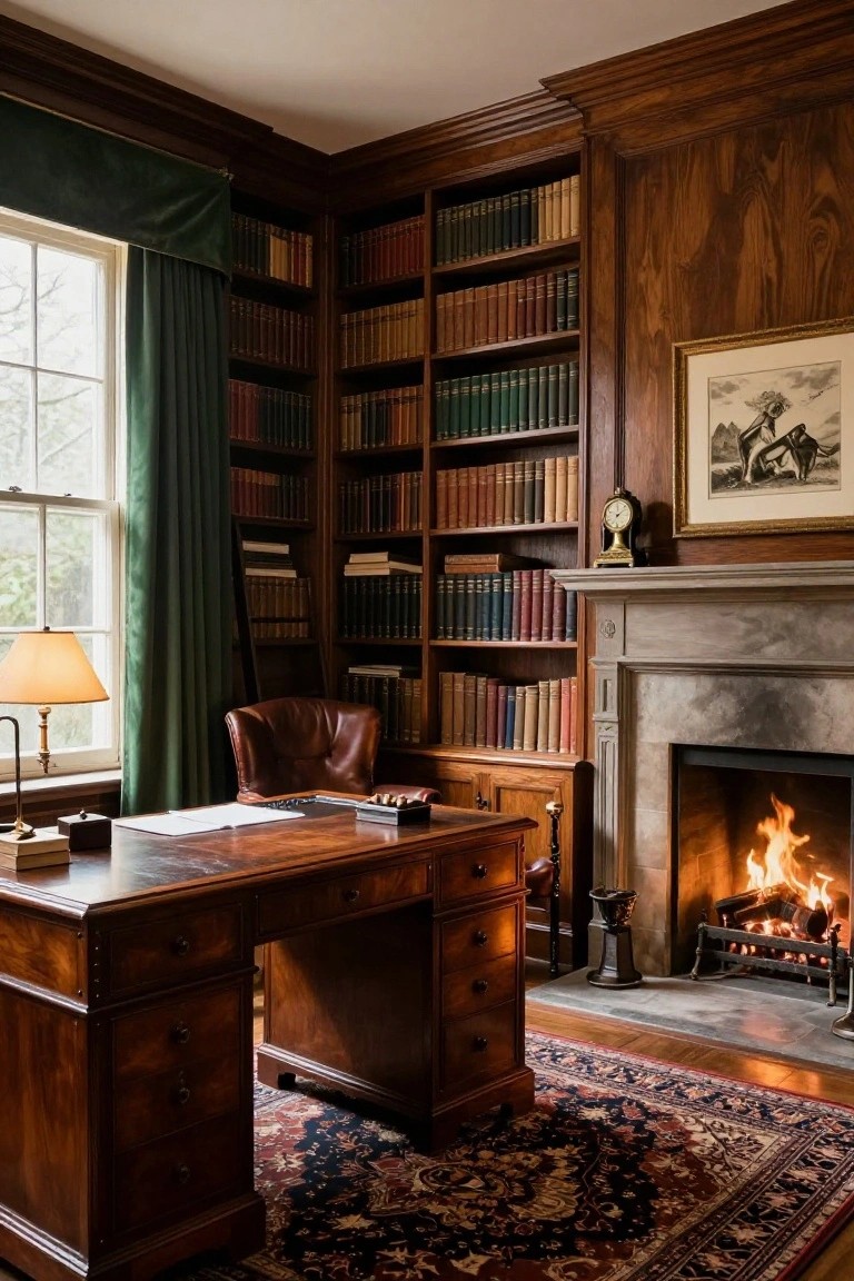 A wood-paneled study with floor-to-ceiling built-in bookshelves filled with books, a wooden desk, a leather chair, and a fireplace with a lit fire.