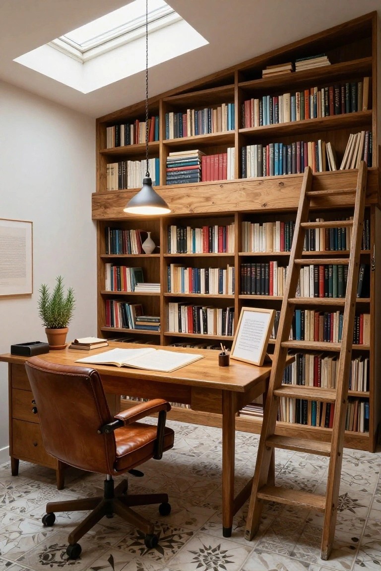 A home study with wooden built-in bookshelves covering the wall, a rolling wooden ladder, a wooden desk with an open book, and a brown leather swivel chair.