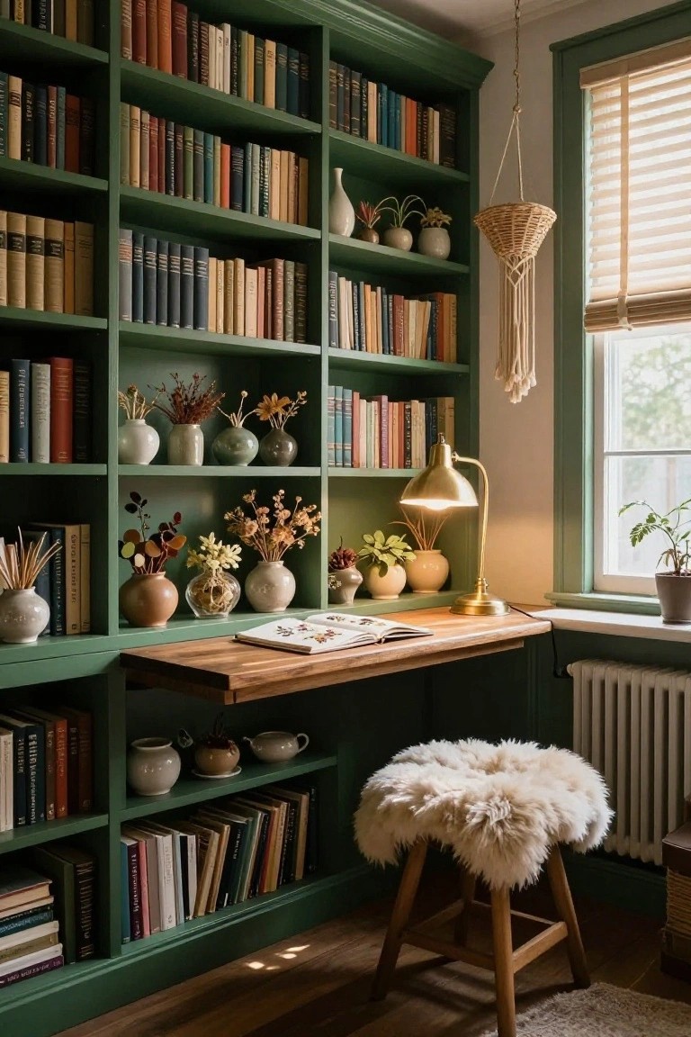 A green built-in bookshelf unit with an integrated wooden desk, books, vases with dried flowers, a brass desk lamp, and a fur-covered stool beside a window.