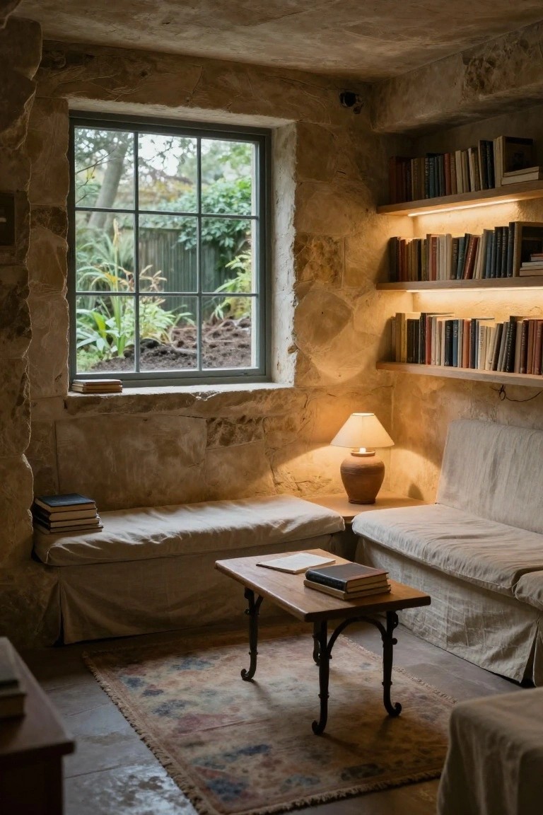 Interior view of a stone-walled room with a window, built-in bookshelves lit from below, a wooden table on a rug, and upholstered seating.