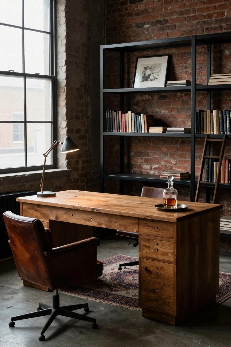A wooden desk with two brown leather office chairs sits in front of a black metal bookshelf against a brick wall, with a large window on the left side of the room.