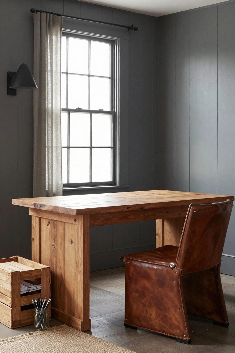 A wooden desk with a brown leather chair sits under a window in a room with dark gray walls.
