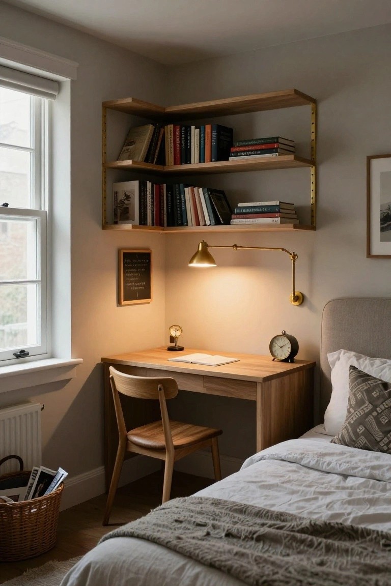A wooden desk and chair positioned beneath corner floating shelves filled with books, lit by a wall-mounted lamp in a neutral room.