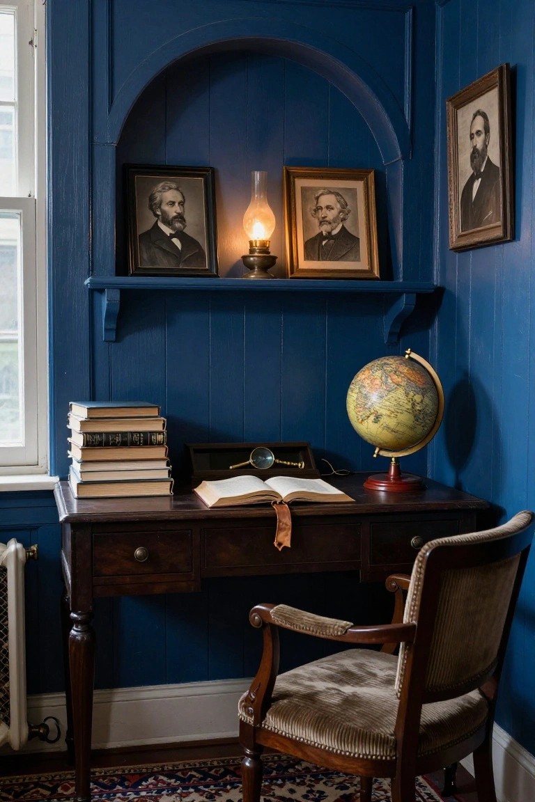 A wooden desk with an open book, a globe, and a chair positioned in front of deep blue walls featuring an arched niche with two framed portraits and a lit oil lamp.