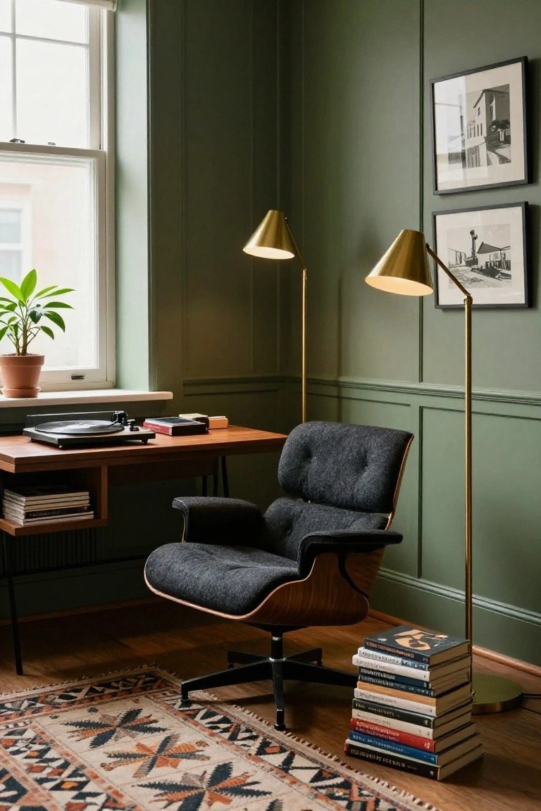 Interior of a study with deep green paneled walls, a dark upholstered lounge chair, two brass floor lamps, a wooden desk holding a record player, and a stack of books beside the chair on a patterned rug.