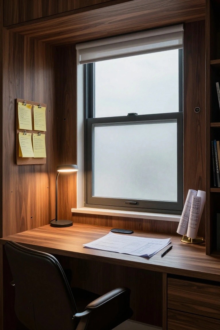 A wooden desk with papers, a black lamp, and a chair sits beneath a window in a dark wood-paneled study, with sticky notes on the left wall.