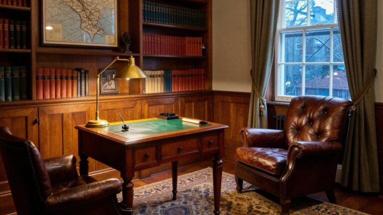 21 Intellectual Study Room Ideas for a Thoughtful Gentleman Space A classic study interior showing a green leather-top desk with a brown leather chair, a brass desk lamp, and floor-to-ceiling wooden built-in bookshelves filled with books.