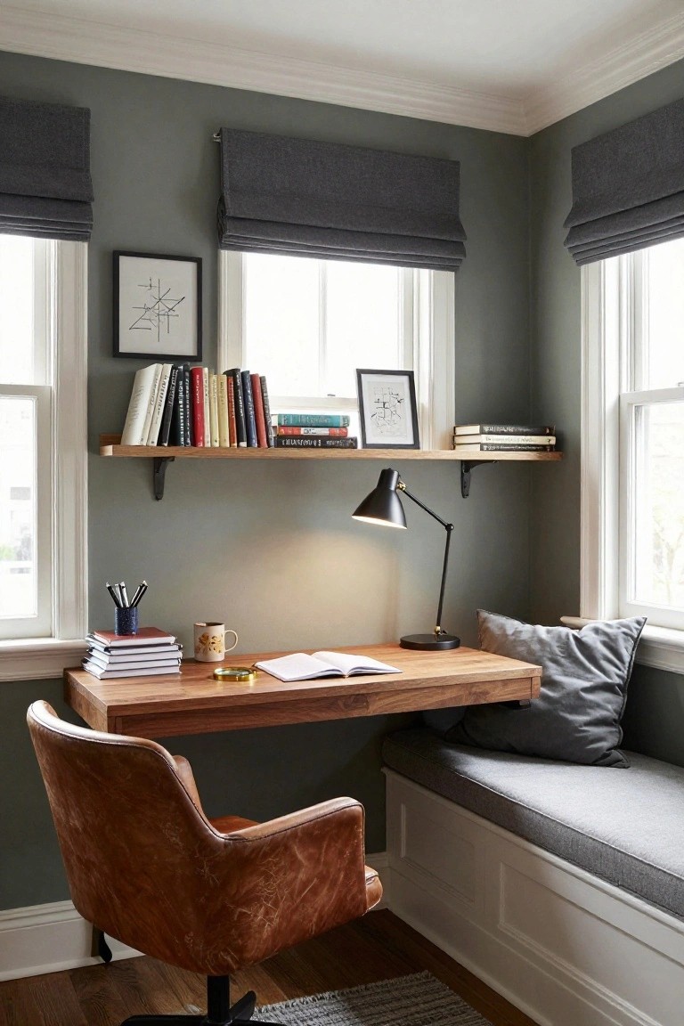 A wooden floating desk with books, a lamp, and an open notebook sits beneath windows with gray roman shades, next to a brown leather chair and a gray cushioned built-in bench.