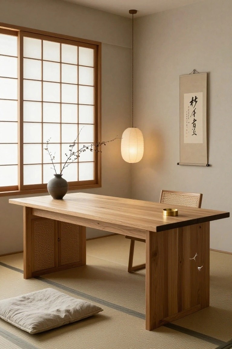 A minimalist Japanese-style interior with a large wooden desk, woven cabinet panels, shoji screens, tatami flooring, and a hanging scroll on the wall.