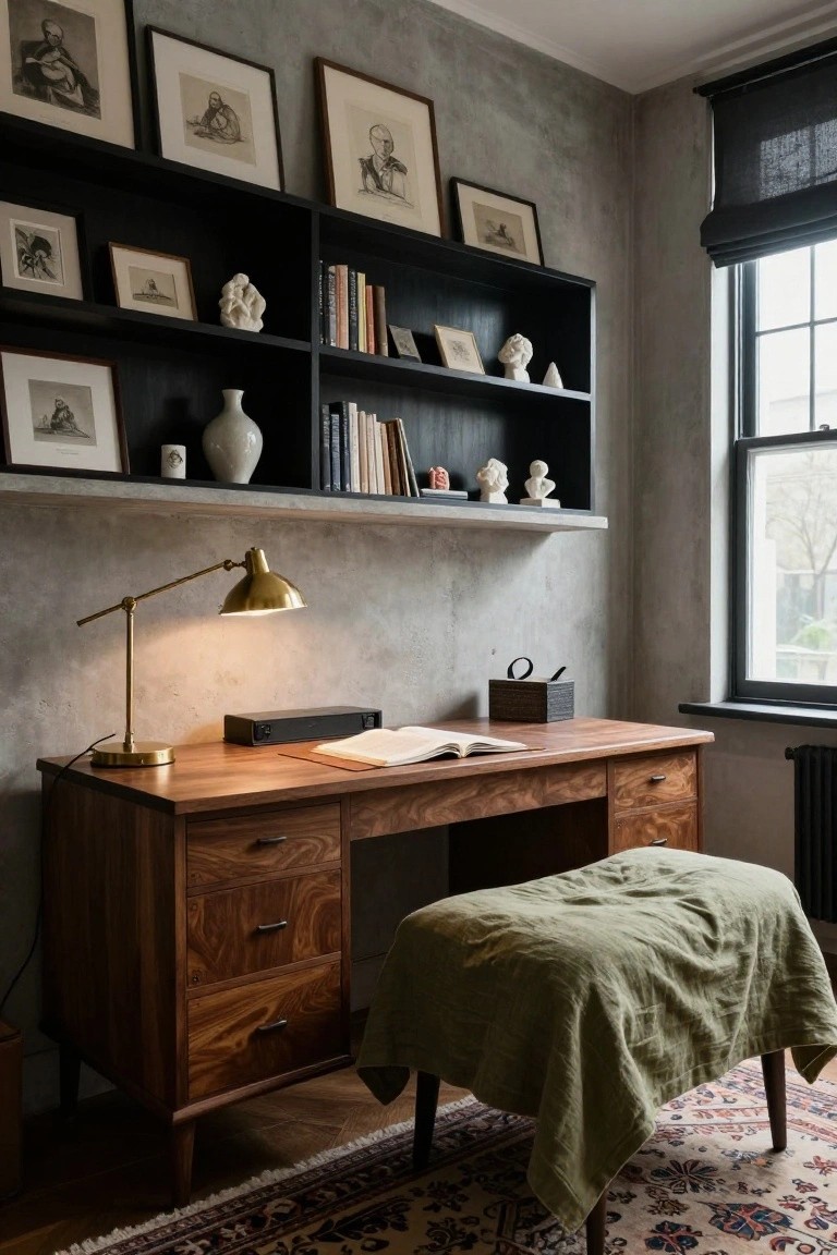 A wooden desk with drawers holds an open book and brass lamp beneath black open shelves filled with books, framed drawings, and small sculptures on a gray wall.