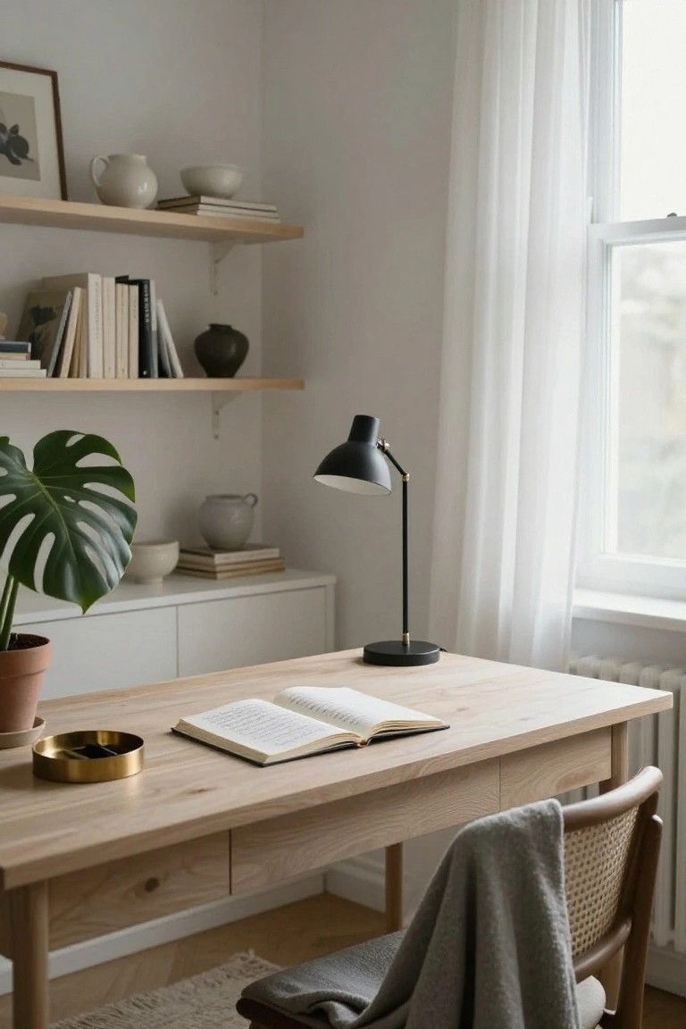 A light wood desk with an open book and black desk lamp sits in front of floating wooden shelves holding books, pottery, and a potted monstera plant.