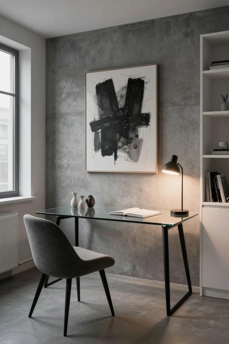 A study area with a glass desk, gray upholstered chair, black desk lamp, open book, and abstract black artwork on a concrete wall.