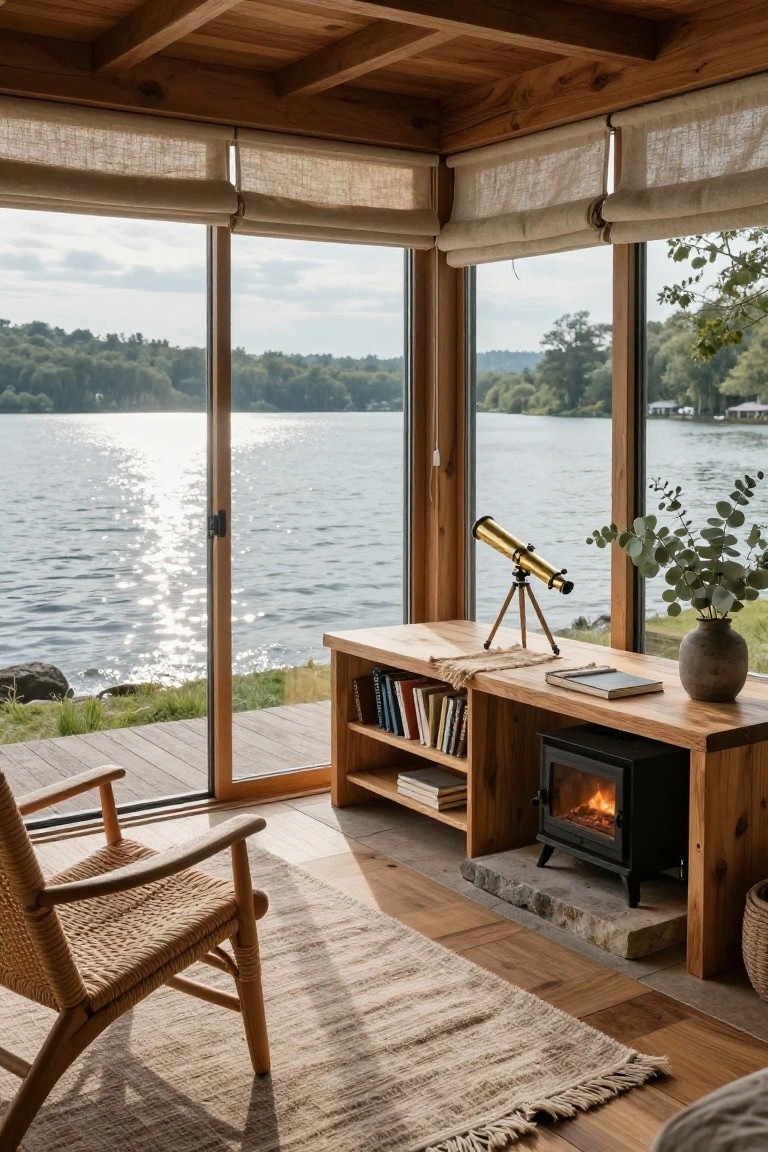 A wooden interior room with a woven chair on a rug, a low console table holding books and a telescope, and a small wood stove, set in front of large glass doors overlooking a lake.