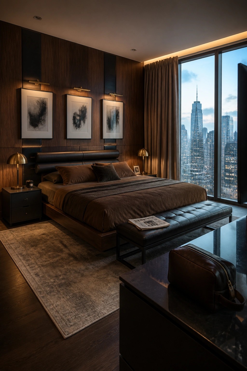 A bedroom with dark wood walls, a large bed dressed in brown bedding, a black leather bench at the foot, and a large window showing a city skyline at dusk.