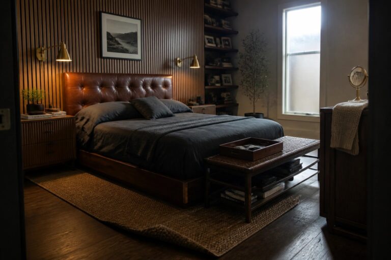 21 Leather and Wood Gentleman Bedroom Ideas for a Rich Masculine Texture Dark bedroom with tufted leather bed, wooden walls, warm sconces, and woven rug.