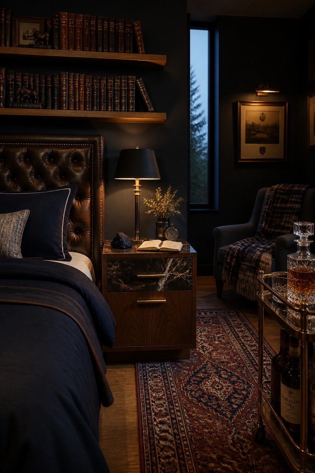 A bedroom featuring a brown tufted leather headboard beside a dark wood and marble nightstand, with built-in bookshelves on the wall above.