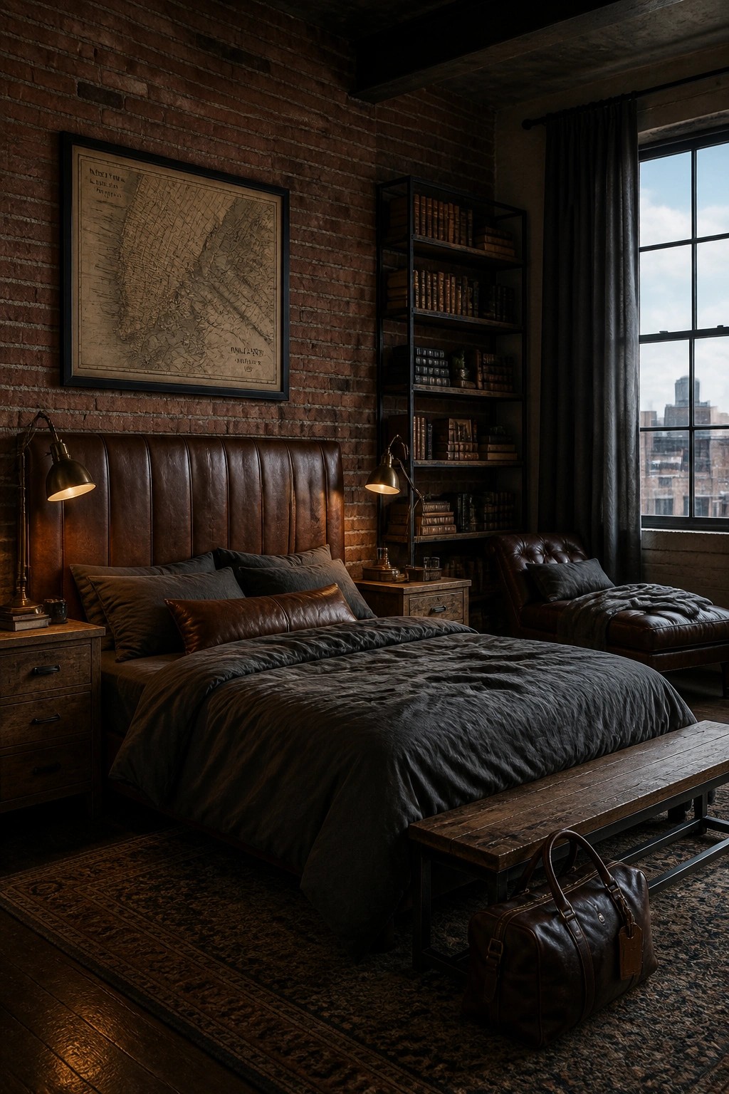 A bedroom featuring a large bed with a brown leather headboard and dark bedding, flanked by wooden nightstands, with a tall wooden bookshelf against a brick wall and a window on the right.