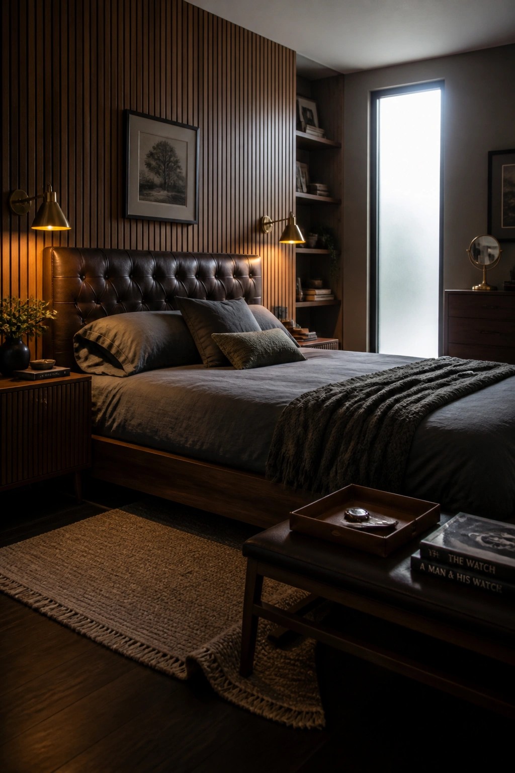 Dark bedroom with tufted leather bed, wooden walls, warm sconces, and woven rug.