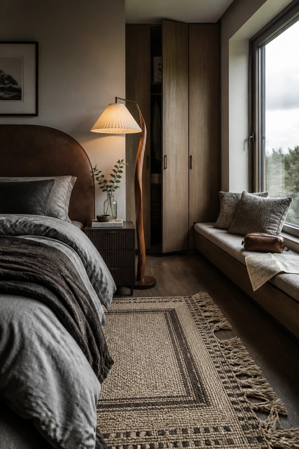 A bedroom interior featuring a brown leather headboard, a wooden floor lamp, built-in wood cabinetry, a window seat with cushions, and a woven rug on dark hardwood flooring.