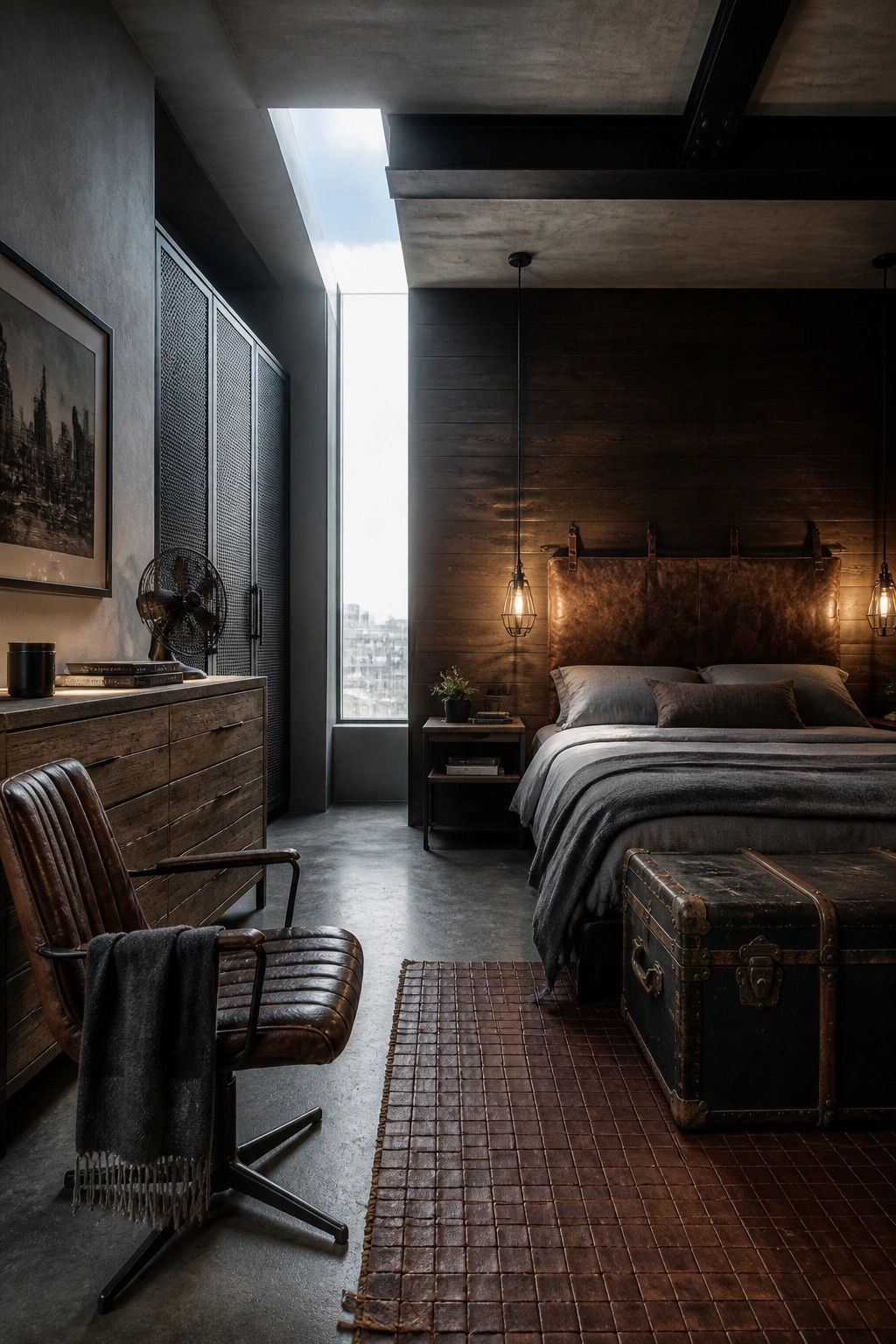 A bedroom with a leather headboard bed, leather armchair, wooden dresser, and large trunk at the foot of the bed.
