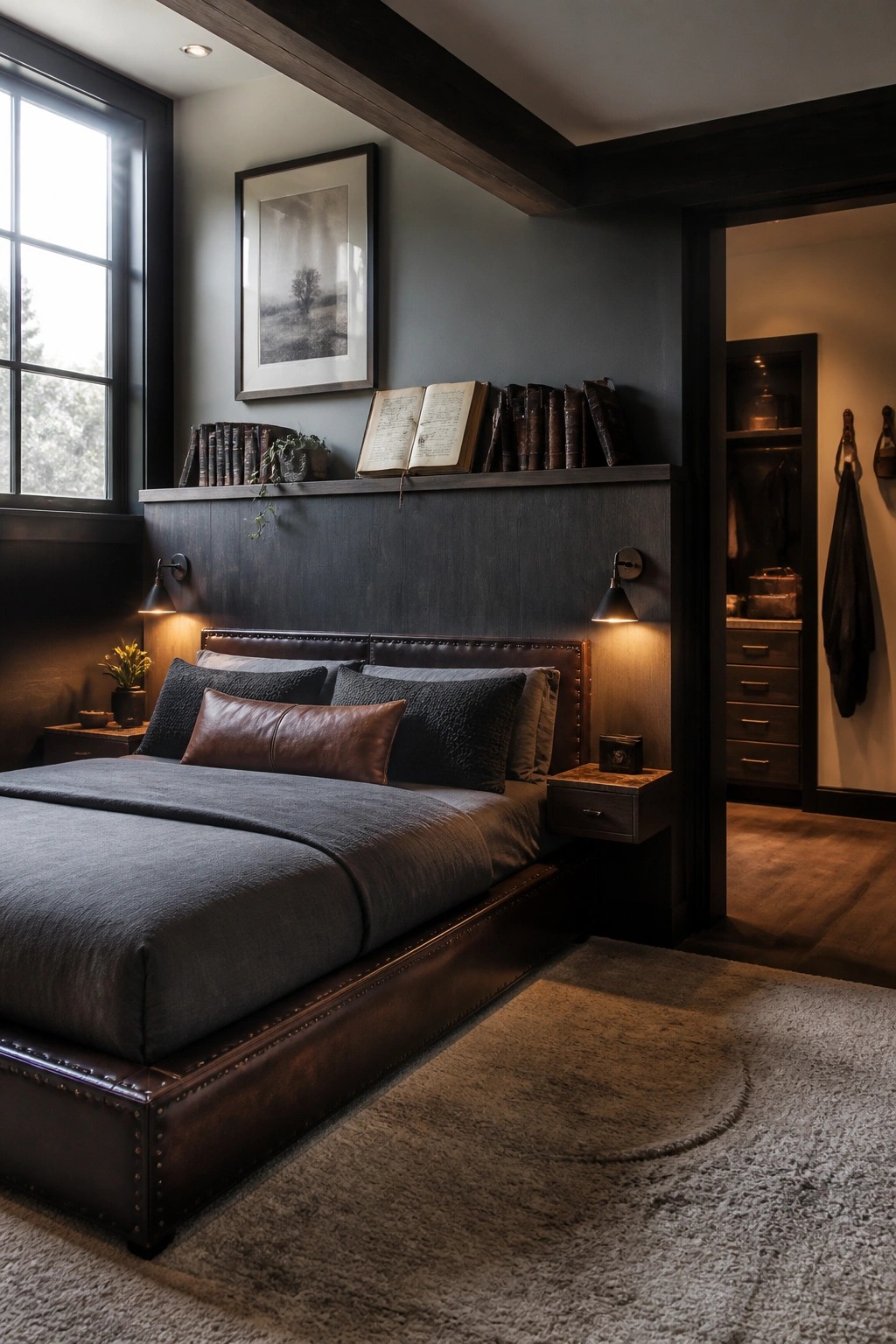 A bedroom with a dark leather bed frame against wood paneling, books on a shelf above the headboard, and wall sconces on either side.