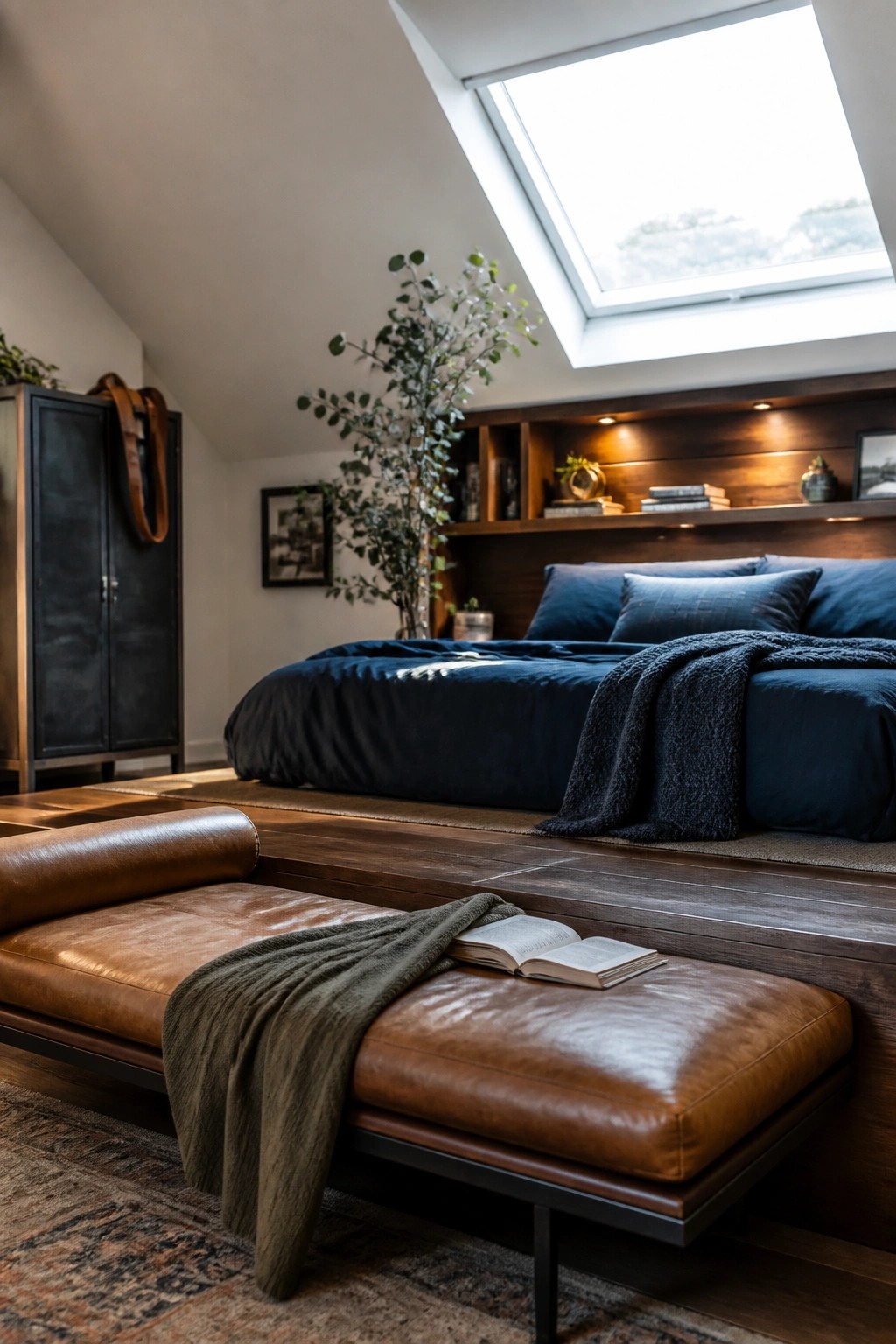 A bedroom with a raised wooden platform bed dressed in blue linens, a large brown leather ottoman in the foreground holding an open book, and a skylight above the bed.