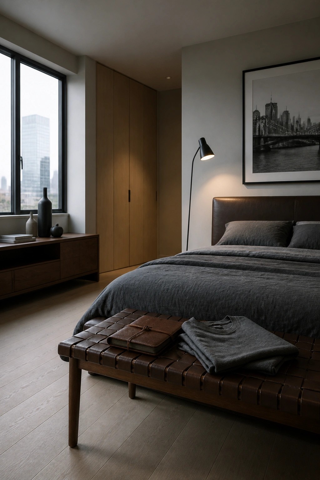 A bedroom interior featuring a large bed with dark gray bedding, a brown leather woven bench at the foot of the bed holding folded clothes and a notebook, a tall wooden wardrobe, a black floor lamp, and a large window on the left.