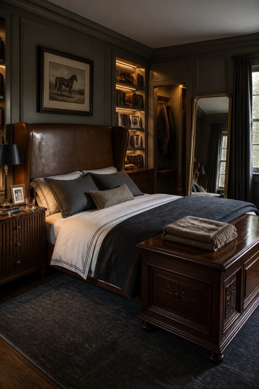 A bedroom with a large brown leather wingback headboard, white and dark gray bedding, a dark wood chest at the foot of the bed, a matching nightstand, and built-in bookshelves on dark gray walls.