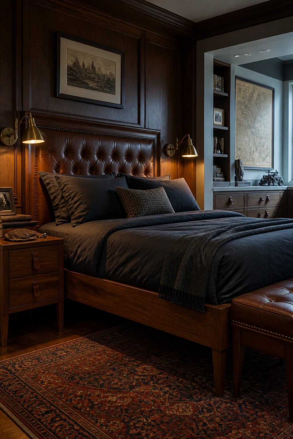 A bedroom with a dark wood bed frame, tufted brown leather headboard, dark bedding, wood nightstand, and patterned rug.