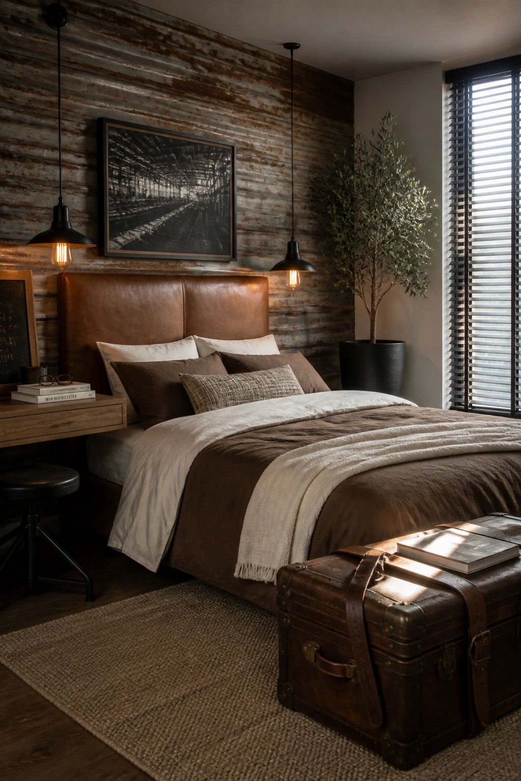 A bedroom featuring a brown leather headboard on a rustic wood wall, with brown and white bedding and a vintage trunk at the foot of the bed.